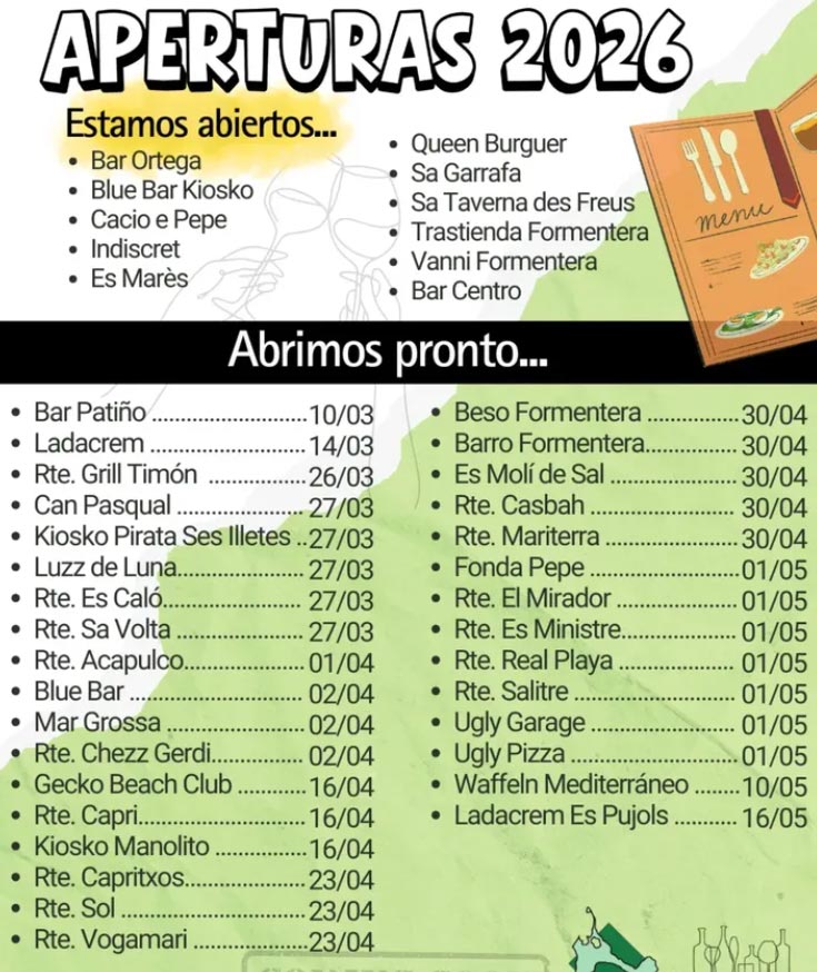 Calendario de aperturas de los restaurantes de Formentera en 2026